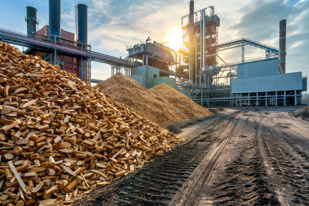 Industrial boiler room with biomass pellet feeder